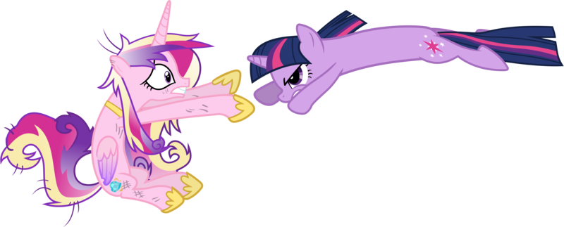 Size: 9680x3910 | Tagged: safe, artist:90sigma, derpibooru import, princess cadance, twilight sparkle, alicorn, pony, unicorn, a canterlot wedding, colored wings, duo, female, gradient wings, mare, simple background, tackle, transparent background, unicorn twilight, vector
