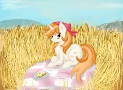 Size: 2617x1911 | Tagged: safe, artist:nightydream, derpibooru import, oc, oc:sweetroll, pony, unicorn, female, field, mare, prone, solo, wheat field