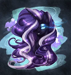 Size: 2055x2153 | Tagged: safe, artist:norica-official, derpibooru import, nightmare rarity, pony, unicorn, abstract background, bust, chest fluff, ear fluff, female, glowing eyes, hair over one eye, mare, smiling, solo