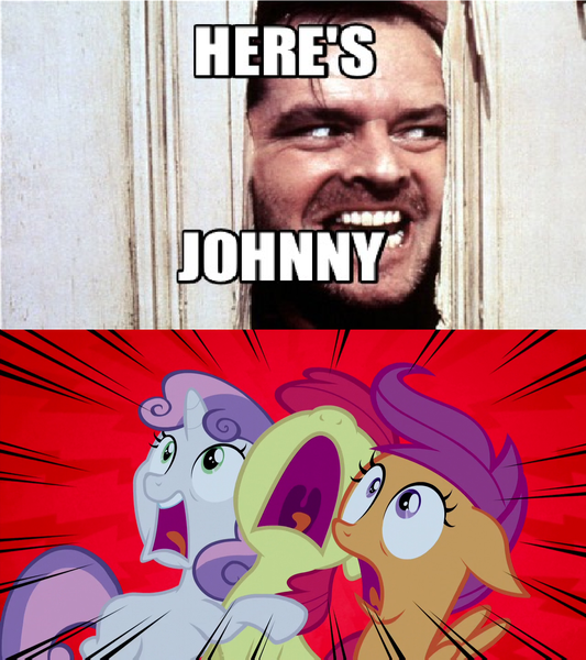 Size: 1280x1440 | Tagged: apple bloom, appleoosa's most wanted, cutie mark crusaders, dead meme, derpibooru import, edit, edited screencap, exploitable meme, here's johnny, image macro, jack nicholson, jack torrance, meme, safe, scootaloo, screaming, screencap, stanley kubrick, sweetie belle, the shining, what are the crusaders screaming at