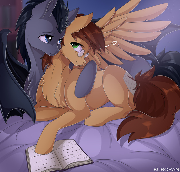 Size: 4500x4300 | Tagged: safe, artist:kuroran, derpibooru import, oc, oc:fruit bat, oc:type writer, unofficial characters only, bat pony, pegasus, pony, absurd resolution, bat pony oc, bed, book, chest fluff, cuddling, ear fluff, gay, glasses, heart, looking at each other, lying, male, oc x oc, rcf community, shipping, spread wings, wings