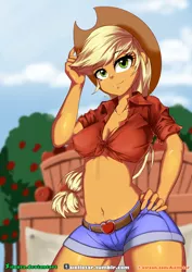 Size: 1000x1414 | Tagged: suggestive, artist:iloota, derpibooru import, applejack, equestria girls, apple, applejack's hat, beautiful, belly button, belt, braless, breasts, clothes, cowboy hat, cowgirl, denim shorts, erect nipples, female, food, freckles, front knot midriff, fruit, green eyes, hand on hip, happy, hat, lidded eyes, midriff, nipple outline, orchard, ponytail, sexy, shorts, smiling, solo, solo female, stetson, sultry pose, sunny day, sweet apple acres, thighs