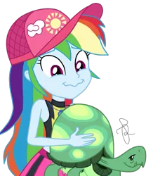 Size: 479x550 | Tagged: safe, artist:ilaria122, derpibooru import, rainbow dash, tank, aww... baby turtles, equestria girls, equestria girls series, clothes, cute, dashabetes, geode of super speed, hat, magical geodes, simple background, swimsuit, transparent background