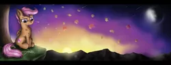 Size: 3900x1500 | Tagged: artist:jesterpi, autumn leaves, bandaid, derpibooru import, environment art, leaf, moon, mountain, night, night sky, safe, scenery, scootaloo, sky, solo, sticking plaster, sunset, tree, wallpaper, wind