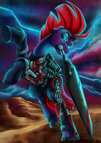 Size: 1060x1500 | Tagged: safe, artist:jamescorck, derpibooru import, tempest shadow, pony, my little pony: the movie, armor, blade, broken horn, crossover, edge of tomorrow, emily blunt, eye scar, female, mare, mouth hold, power armor, powered exoskeleton, propeller blade, rearing, rita vrataski, scar, solo, sword, voice actor joke, weapon