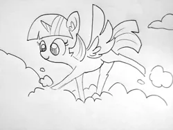 Size: 1920x1440 | Tagged: safe, artist:tjpones, derpibooru import, twilight sparkle, twilight sparkle (alicorn), alicorn, black and white, cloud, female, grayscale, horn, lineart, mare, monochrome, solo, traditional art, wings