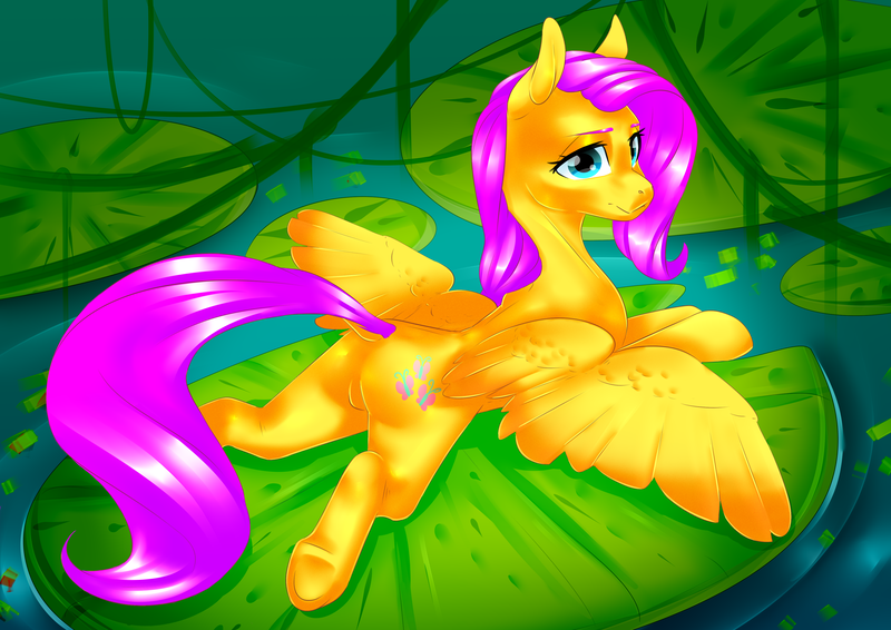 Size: 4000x2830 | Tagged: safe, artist:amberpendant, derpibooru import, fluttershy, pegasus, pony, female, lilypad, looking over shoulder, mare, plot, prone, solo, spread wings, wings