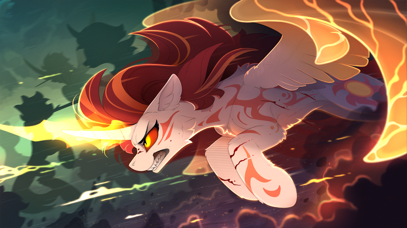 Size: 2250x1264 | Tagged: semi-grimdark, artist:yakovlev-vad, derpibooru import, daybreaker, alicorn, pony, blood, female, fight, flying, furious, glowing horn, gritted teeth, injured, mare, missing accessory, red eyes, red sclera, scratches, silhouette