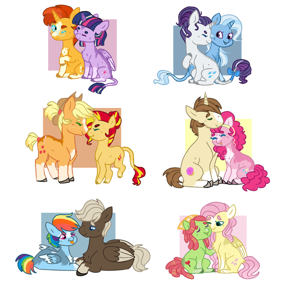 Size: 1024x1024 | Tagged: safe, artist:flinksea, derpibooru import, applejack, donut joe, dumbbell, fluttershy, pinkie pie, rainbow dash, rarity, sunburst, sunset shimmer, tree hugger, trixie, twilight sparkle, twilight sparkle (alicorn), alicorn, classical unicorn, earth pony, pegasus, pony, unicorn, :p, appleshimmer, beanbrows, boop, bow, chest fluff, cloven hooves, colored wings, colored wingtips, cowboy hat, dumbdash, eyebrows, female, flutterhugger, glasses, hat, leonine tail, lesbian, male, mare, neck nuzzle, noseboop, pinkiejoe, rarixie, shipping, silly, stallion, story included, straight, tail bow, tongue out, twiburst, unshorn fetlocks
