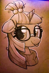 Size: 811x1200 | Tagged: safe, artist:moozua, derpibooru import, moondancer, pony, unicorn, clothes, cute, dancerbetes, female, floppy ears, glasses, looking at you, mare, mid-tone, midtone, smiling, solo, sweater, tongue out, traditional art