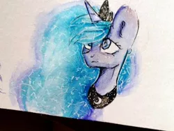 Size: 600x450 | Tagged: safe, artist:zefirka, derpibooru import, princess luna, alicorn, pony, bust, ear fluff, female, hair over one eye, mare, portrait, simple background, solo, traditional art, white background