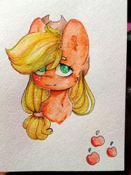 Size: 810x1080 | Tagged: safe, artist:zefirka, derpibooru import, applejack, earth pony, pony, bust, cheek fluff, chest fluff, cutie mark, ear fluff, female, freckles, hair over one eye, mare, no pupils, portrait, simple background, solo, traditional art, white background