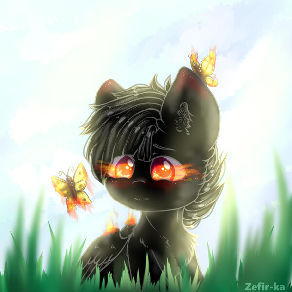 Size: 2000x2000 | Tagged: safe, artist:zefirka, derpibooru import, oc, unofficial characters only, butterfly, pegasus, pony, cheek fluff, chest fluff, colored pupils, ear fluff, fire, flame eyes, glowing eyes, grass, signature, solo, wing fluff