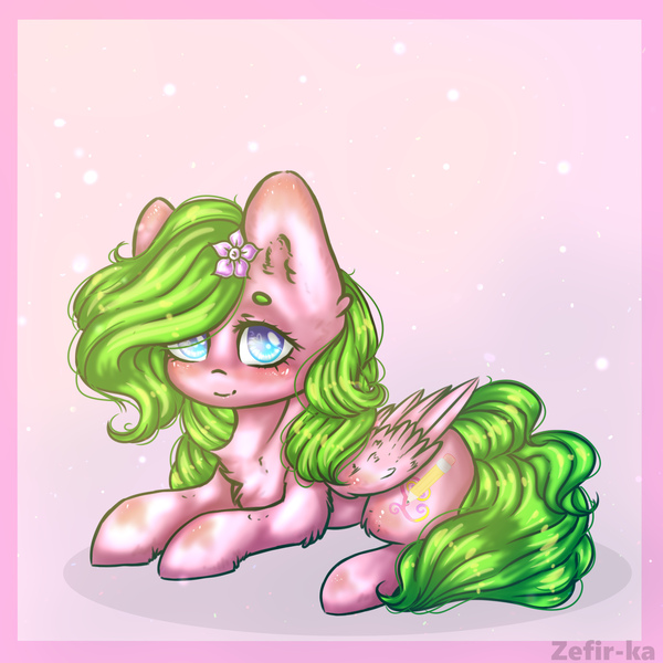 Size: 2000x2000 | Tagged: safe, artist:zefirka, derpibooru import, oc, unofficial characters only, pegasus, pony, chest fluff, colored pupils, cute, ear fluff, female, flower, flower in hair, fluffy, hair over one eye, heart eyes, leg fluff, looking at you, mare, shoulder fluff, signature, smiling, solo, wing fluff, wingding eyes