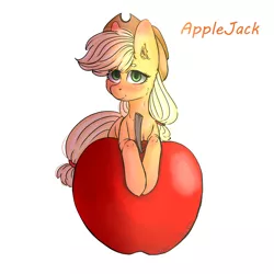 Size: 2000x2000 | Tagged: safe, artist:zefirka, derpibooru import, applejack, earth pony, pony, apple, blushing, cheek fluff, colored pupils, ear fluff, female, food, freckles, looking at you, mare, name, prone, signature, simple background, smiling, solo, white background