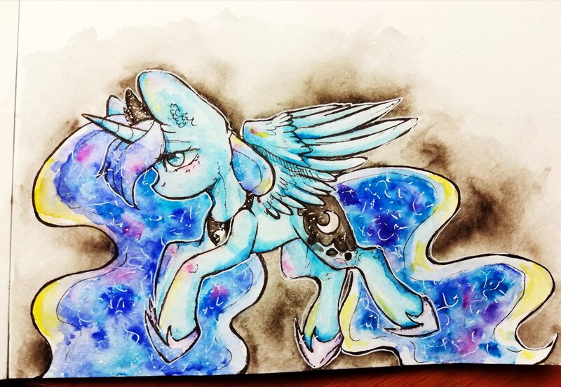 Size: 2560x1767 | Tagged: safe, artist:zefirka, derpibooru import, princess luna, alicorn, pony, colored pupils, female, mare, running, sad, solo, spread wings, traditional art, wings