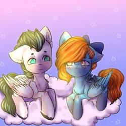 Size: 2000x2000 | Tagged: safe, artist:zefirka, derpibooru import, oc, unofficial characters only, pegasus, pony, bow, chest fluff, cloud, ear fluff, female, floppy ears, freckles, hair bow, heart eyes, looking at each other, male, mare, no pupils, oc x oc, shipping, signature, sky, smiling, stallion, unshorn fetlocks, wingding eyes