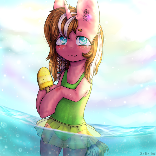 Size: 2000x2000 | Tagged: safe, artist:zefirka, derpibooru import, oc, unofficial characters only, pony, unicorn, :3, bipedal, clothes, cute, daaaaaaaaaaaw, ear fluff, female, food, freckles, heart eyes, ice cream, looking at you, mare, no pupils, one-piece swimsuit, signature, smiling, solo, swimsuit, wingding eyes