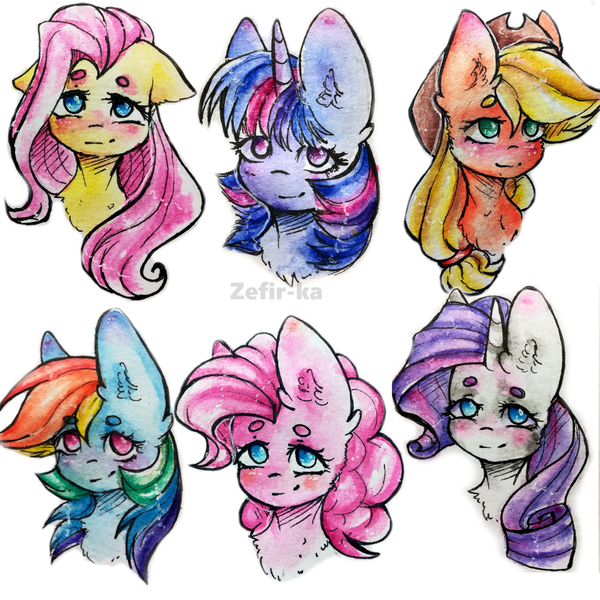 Size: 2000x2000 | Tagged: safe, artist:zefirka, derpibooru import, applejack, fluttershy, pinkie pie, rainbow dash, rarity, twilight sparkle, alicorn, earth pony, pegasus, pony, unicorn, blushing, bust, chest fluff, ear fluff, female, floppy ears, looking at you, mane six, mare, no pupils, portrait, signature, simple background, smiling, white background