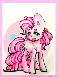 Size: 2976x3968 | Tagged: safe, artist:zefirka, derpibooru import, pinkie pie, earth pony, pony, beanbrows, cheek fluff, chest fluff, cutie mark background, ear fluff, eyebrows, female, fluffy, happy, head turn, heart eyes, leg fluff, looking at you, mare, open mouth, shoulder fluff, signature, solo, standing, wingding eyes