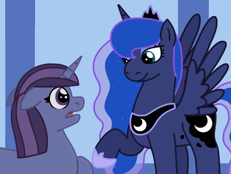 Size: 1962x1484 | Tagged: safe, artist:kindheart525, derpibooru import, princess luna, alicorn, unicorn, kindverse, digital art, duo, magical lesbian spawn, next generation, offspring, parent:maud pie, parent:trixie, parents:mauxie, story in the source, story included