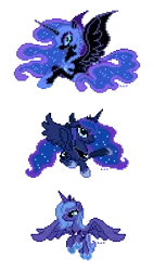 Size: 226x399 | Tagged: safe, artist:hexfloog, derpibooru import, nightmare moon, princess luna, alicorn, pony, lunar trinity, pixel art, s1 luna, simple background, sprite, transparent background