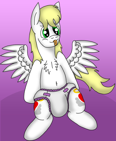 Size: 3329x4032 | Tagged: suggestive, artist:tacomytaco, derpibooru import, oc, pegasus, pony, belly button, both cutie marks, chest fluff, diaper, diaper fetish, fetish, gradient background, male, sitting, solo, spread wings, tongue out, wingboner, wings
