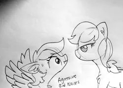 Size: 1579x1138 | Tagged: safe, artist:tjpones, derpibooru import, applejack, rainbow dash, earth pony, pegasus, pony, bird noises, chest fluff, descriptive noise, duo, ear fluff, female, floppy ears, grayscale, lidded eyes, lineart, looking at each other, mare, misspelling, monochrome, scrunchy face, smol, smoldash, spread wings, staring contest, sweat, traditional art, wings