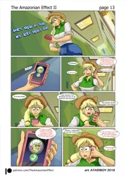 Size: 1681x2344 | Tagged: safe, artist:atariboy2600, artist:bluecarnationstudios, derpibooru import, applejack, granny smith, comic:the amazonian effect, comic:the amazonian effect ii, equestria girls, canterlot high, clothes, comic, cowboy hat, hallway, hat, lockers, mobile phone, phone, smartphone, speech bubble, stetson