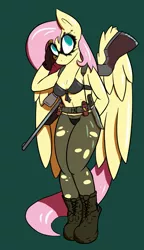 Size: 1101x1910 | Tagged: anthro, artist:haphaz-art, breasts, cleavage, clothes, derpibooru import, female, fluttershy, gun, makeup, metal gear, metal gear solid, parody, pegasus, plantigrade anthro, quiet (metal gear), rifle, safe, solo, sports bra, stockings, thigh highs, torn clothes, weapon