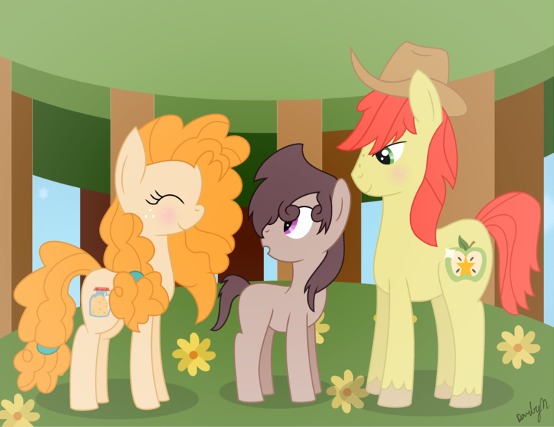 Size: 3264x2522 | Tagged: safe, artist:darbypop1, derpibooru import, bright mac, pear butter, oc, oc:iron granite, earth pony, pony, flower, forest, grandparent and grandchild moment, grandparent:bright mac, grandparent:pear butter, male, offspring, parent:big macintosh, parent:marble pie, parents:marblemac, signature