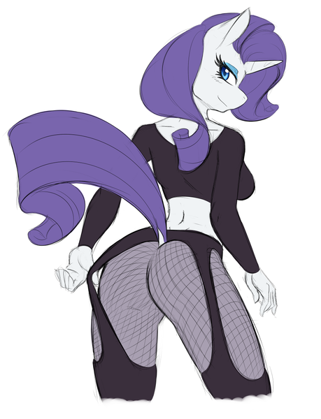 Size: 924x1209 | Tagged: suggestive, artist:ambris, derpibooru import, rarity, anthro, unicorn, ass, bedroom eyes, breasts, clothes, dock, female, garter belt leggings, garters, looking at you, mare, midriff, pants, rearity, sexy, short shirt, simple background, skintight clothes, smiling, solo, solo female, yoga pants