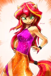 Size: 1377x2039 | Tagged: safe, artist:oberon826, derpibooru import, sunset shimmer, equestria girls, armpits, clothes, female, looking at you, ponied up, skirt, sleeveless, solo