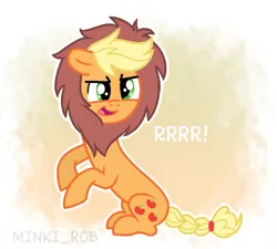 Size: 1000x900 | Tagged: safe, artist:minki-rob, derpibooru import, applejack, pony, animal costume, applelion, braid, clothes, costume, sitting, solo