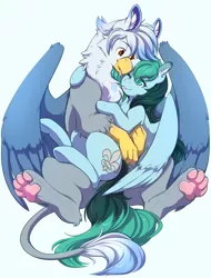 Size: 1600x2100 | Tagged: safe, artist:spazzykoneko, derpibooru import, oc, oc:ganix, oc:liz, unofficial characters only, gryphon, pegasus, pony, :p, arm around neck, beak, cuddling, cute, ear piercing, eared griffon, fluffy, galiz, happy, holding, holding a pony, hug, image, interspecies, love, paws, piercing, png, romantic, shipping, silly, size difference, smiling, snuggling, spread wings, squishy cheeks, talons, tongue out, two toned mane, underhoof, underpaw, weapons-grade cute, wings