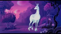 Size: 1366x768 | Tagged: safe, derpibooru import, classical unicorn, unicorn, amalthea, bush, cloven hooves, female, flower, forest, leonine tail, scenery, sky, the last unicorn, tree, unshorn fetlocks