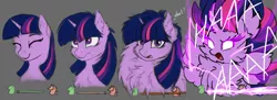 Size: 1658x601 | Tagged: safe, artist:hunternif, artist:pony-way, derpibooru import, twilight sparkle, twilight sparkle (alicorn), alicorn, pony, aaaaaaaaaa, aura, bust, cheek fluff, chest fluff, confused, cute, ear fluff, excessive fluff, eyes closed, female, fluffy, frown, glowing eyes, gray background, lightning, looking up, magic, mare, maximum overfloof, messy mane, neck fluff, open mouth, simple background, smiling, solo, spread wings, static electricity, super saiyan, super saiyan princess, wat, wide eyes, wing fluff, wings, yelling