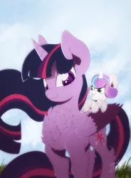 Size: 1024x1388 | Tagged: safe, artist:hagallaz, derpibooru import, princess flurry heart, twilight sparkle, twilight sparkle (alicorn), alicorn, pony, :3, :p, aunt and niece, auntie twilight, baby, baby pony, chest fluff, colored pupils, colored wings, colored wingtips, cute, fluffy, flurrybetes, foal, leaning, leg fluff, multicolored wings, neck fluff, ponies riding ponies, silly, smiling, tongue out, wing fluff