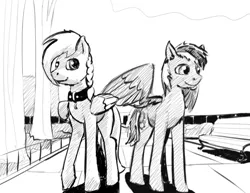 Size: 1280x989 | Tagged: safe, artist:warskunk, derpibooru import, oc, oc:gear, oc:windswept skies, unofficial characters only, pegasus, pony, braid, charm, collar, duo, folded wings, grayscale, looking at you, looking sideways, male, monochrome, park, raffle prize, request, sketch, spread wings, stallion, wings