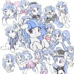 Size: 3000x3000 | Tagged: safe, artist:vanillaghosties, derpibooru import, oc, oc:melodia, unofficial characters only, pony, bow, clothes, colored sketch, cute, dress, eyes closed, female, gift art, hair bow, hat, mare, ocbetes, socks, solo, stockings, striped socks, sweater, thigh highs, tongue out, top hat