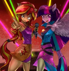 Size: 2039x2100 | Tagged: safe, artist:oberon826, derpibooru import, sunset shimmer, twilight sparkle, twilight sparkle (alicorn), alicorn, equestria girls, rainbow rocks, armpits, clothes, duo, looking at you, microphone, nail polish, ponied up, skirt, sleeveless, smiling, smirk, welcome to the show