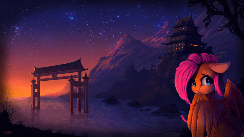 Size: 800x450 | Tagged: animated, artist:halkun, artist:jengas, artist:miokomata, derpibooru import, edit, fluttershy, looking at you, looking back, looking back at you, night, safe, sky, solo, stars, torii
