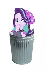 Size: 984x1508 | Tagged: safe, derpibooru import, starlight glimmer, equestria girls, abuse, beanie, downvote bait, drama, drama bait, glimmerbuse, hat, sad, scaredy glimmer, simple background, starlight drama, trash can, white background