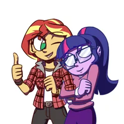 Size: 500x500 | Tagged: safe, artist:rawrienstein, derpibooru import, sci-twi, sunset shimmer, twilight sparkle, equestria girls, dreamy, female, flannel, lesbian, one eye closed, scitwishimmer, shipping, sunsetsparkle, thumbs up, wink