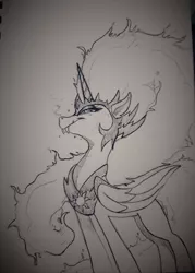 Size: 2870x4003 | Tagged: safe, artist:ponycide, derpibooru import, daybreaker, alicorn, pony, fangs, female, mare, monochrome, simple background, sketch, smiling, solo, traditional art