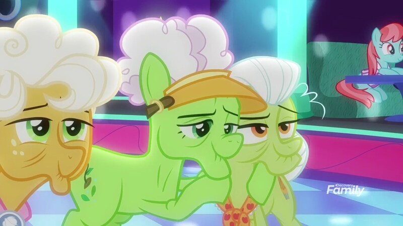 Size: 1920x1080 | Tagged: safe, derpibooru import, screencap, auntie applesauce, goldie delicious, granny smith, earth pony, pony, grannies gone wild, discovery family logo, elderly, female, mare