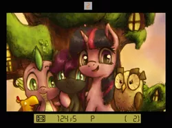 Size: 1607x1200 | Tagged: safe, artist:plotcore, derpibooru import, owlowiscious, peewee, spike, twilight sparkle, oc, oc:nyx, alicorn, dragon, owl, phoenix, pony, unicorn, fanfic:past sins, adopted offspring, alicorn oc, camera, camera shot, drawthread, family, family photo, female, filly, golden oaks library, looking at you, male, mare, mother and daughter, request, side hug, slit eyes, smiling, unicorn twilight