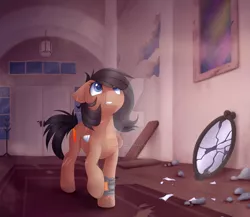 Size: 1024x887 | Tagged: safe, artist:scarlet-spectrum, derpibooru import, oc, oc:quillwright, unofficial characters only, pegasus, pony, fallout equestria, amputee, bandage, fallout equestria: of shadows, fanfic art, female, mirror, missing limb, missing wing, pipbuck, scar, solo, stump, watermark