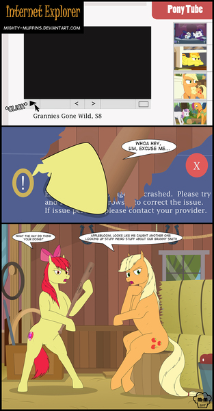 Size: 1500x2873 | Tagged: safe, artist:mighty-muffins, derpibooru import, apple bloom, applejack, rarity, scootaloo, spitfire, sweetie belle, earth pony, pony, apple, baseball bat, bipedal, bow, comic, computer, dialogue, female, food, hair bow, hay bale, magnetic hooves, mare, older, older apple bloom, screen punch, sitting, standing, undersized clothes, wat