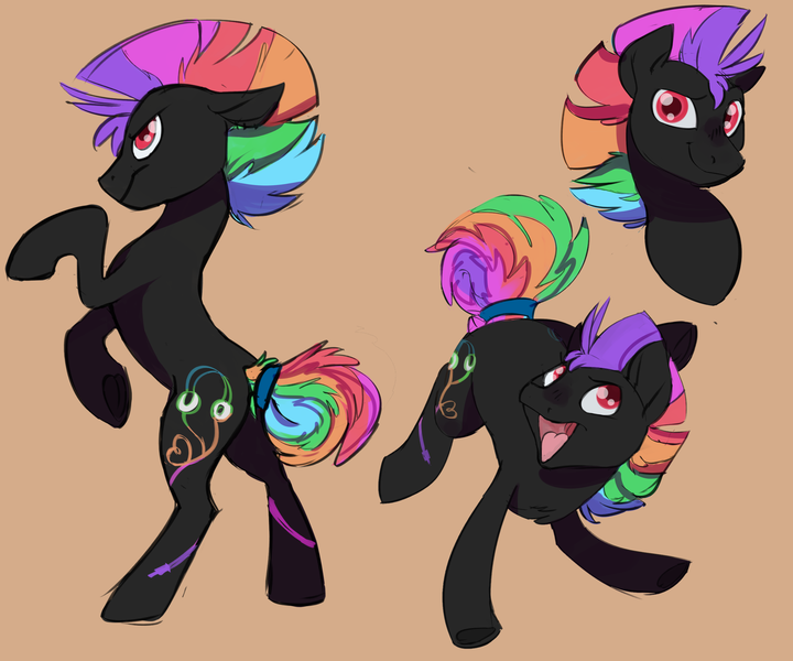 Size: 3000x2500 | Tagged: safe, artist:veesocks, derpibooru import, oc, oc:blacklight flash, unofficial characters only, earth pony, pony, brown background, happy, headphones, looking at you, male, rainbow hair, rearing, red eyes, simple background, solo, stallion